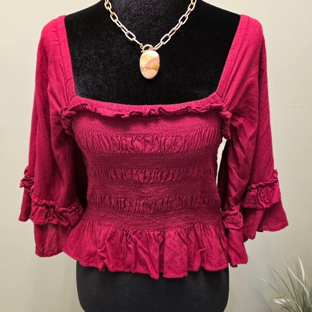 Bila 77 Smocked Ruffle Bell Sleeve Boho Peasant Top Berry Red Medium